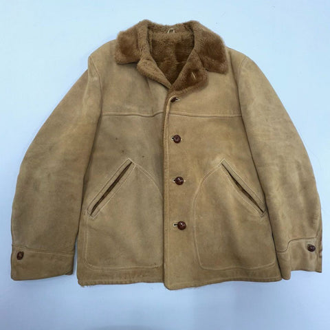 Vintage 70s Tan Suede Leather Sherpa Lined Jacket Coat Men's Sz 46 Chest