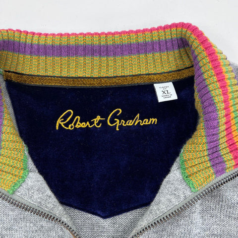 Robert Graham Men's Gray Striped Trim Quarter Zip Cotton Sweater XL