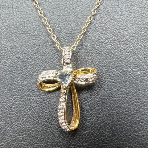 Vermeil 925 Sterling Silver Blue Heart Gemstone Cross Necklace 2.16g