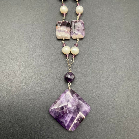 Sterling Silver 925 Amethyst & Pearl Artisan Handcrafted Necklace Purple 26"