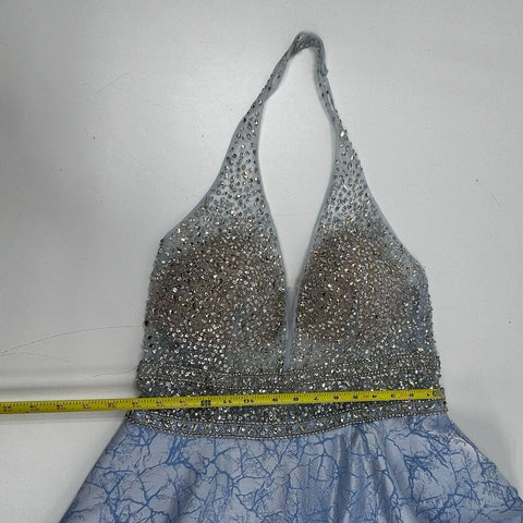 Morilee 43075 Blue Silver Beaded Bodice Halter Prom Gown Dress Women's 16