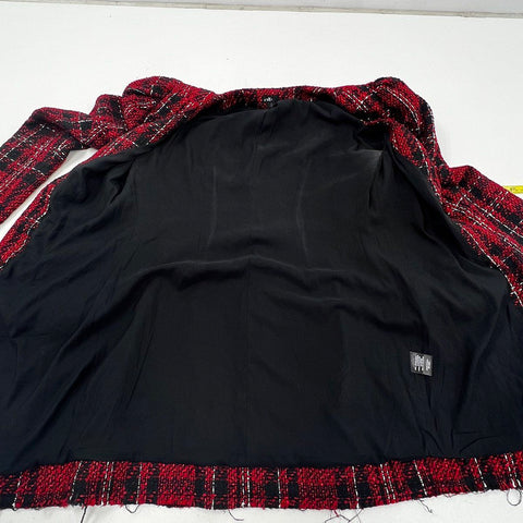 NBD Women's Red Black Plaid Tweed Crystal Button Blazer Jacket Sz M