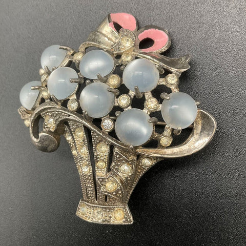 Vintage Retro Pot Metal Faux Moonstone Rhinestone Flower Basket Brooch Pin