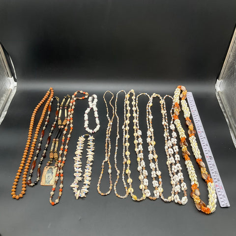 Vintage Boho Ethnic Shell Beaded Necklace Lot 12pc Cowrie Puka Hamsa Pendants