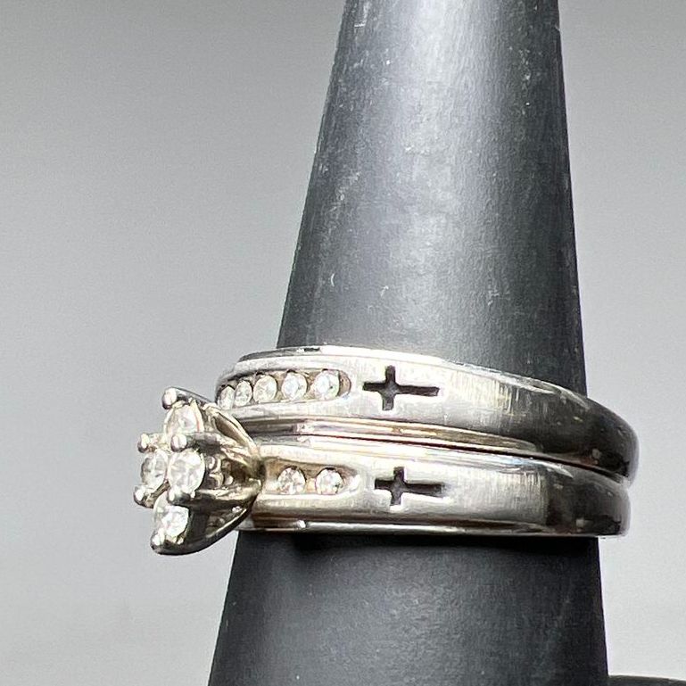 Sterling Silver Diamond Crosses Ring Christian Engagement Wedding Set 7.88g