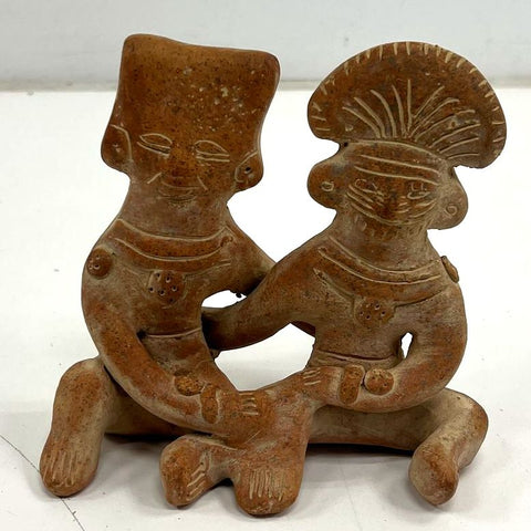 Vintage Pre-Columbian Style Terracotta Figurine Seated Couple Sculpture 4.5"W