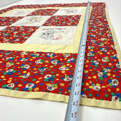 Vintage Clown Bunny Nursery Quilt Hand Embroidered Red Yellow 47x47 Inch