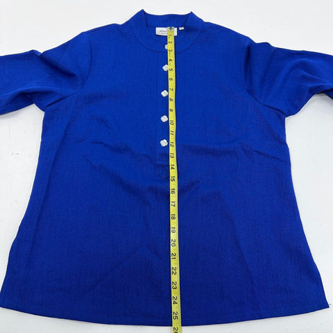 Mary G Palm Beach Women's Blue Mock Neck Flower Button Blouse Top Sz M