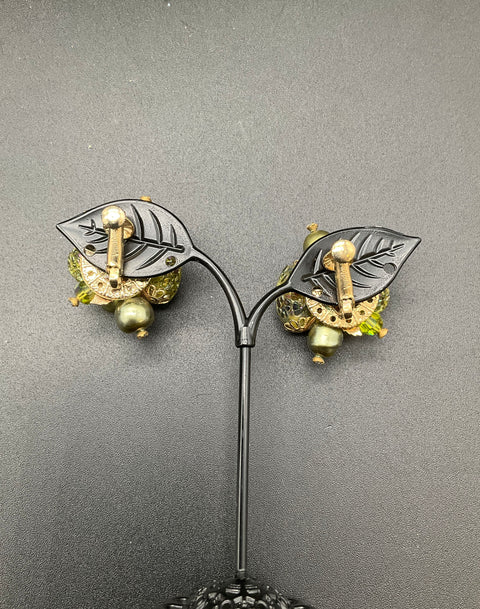 Vintage Vendome Green AB Crystal Glass Bead Demi Parure Bracelet Earring Set