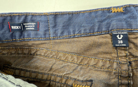 True Religion Men's Ricky Relaxed Straight Jeans Blue Flap Pockets Size 38