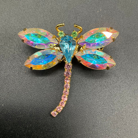 Vintage 1980s Gold Tone AB Rhinestone Dragonfly Brooch UV Reactive Eyes