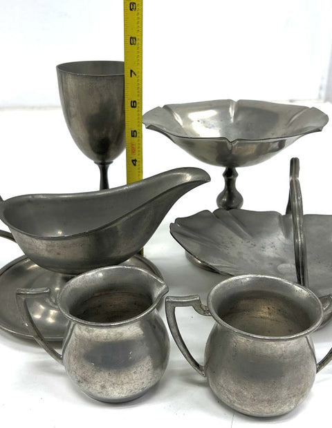 Vintage Pewter 12 Piece Lot Goblets Creamer Sugar Gravy Boat Compote Basket