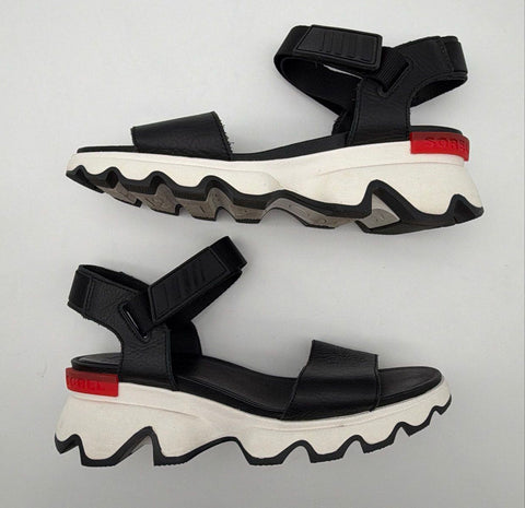 Sorel Kinetic Sandal Black White Platform Wedge Slingback Women's Size 10