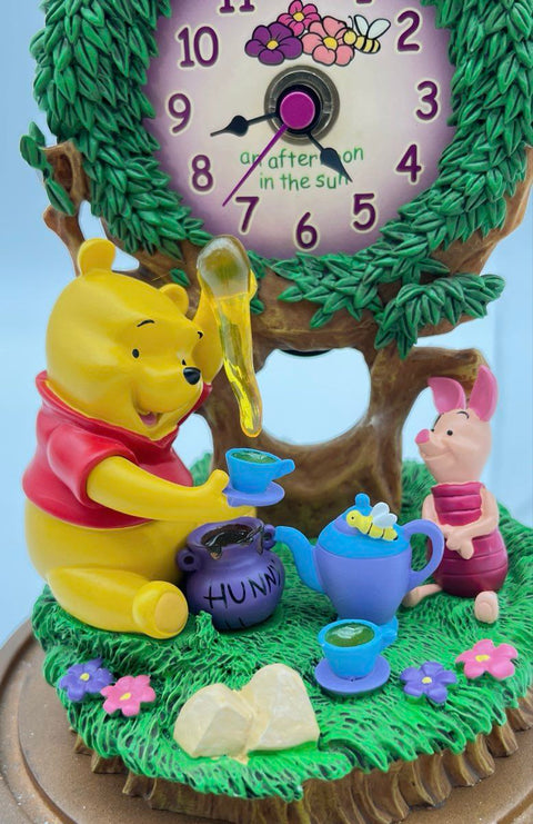 Disney Winnie the Pooh Piglet Tea Party Clock Figurine Glass Dome 9 Inch
