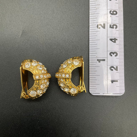 Vintage Les Bernard Gold Tone Clear Rhinestone Pave Dome Clip On Earrings
