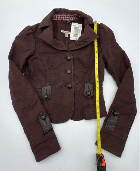 Free People Women's Brown Cotton Button Up Cropped Jacket Leather-Look NWT Sz 0