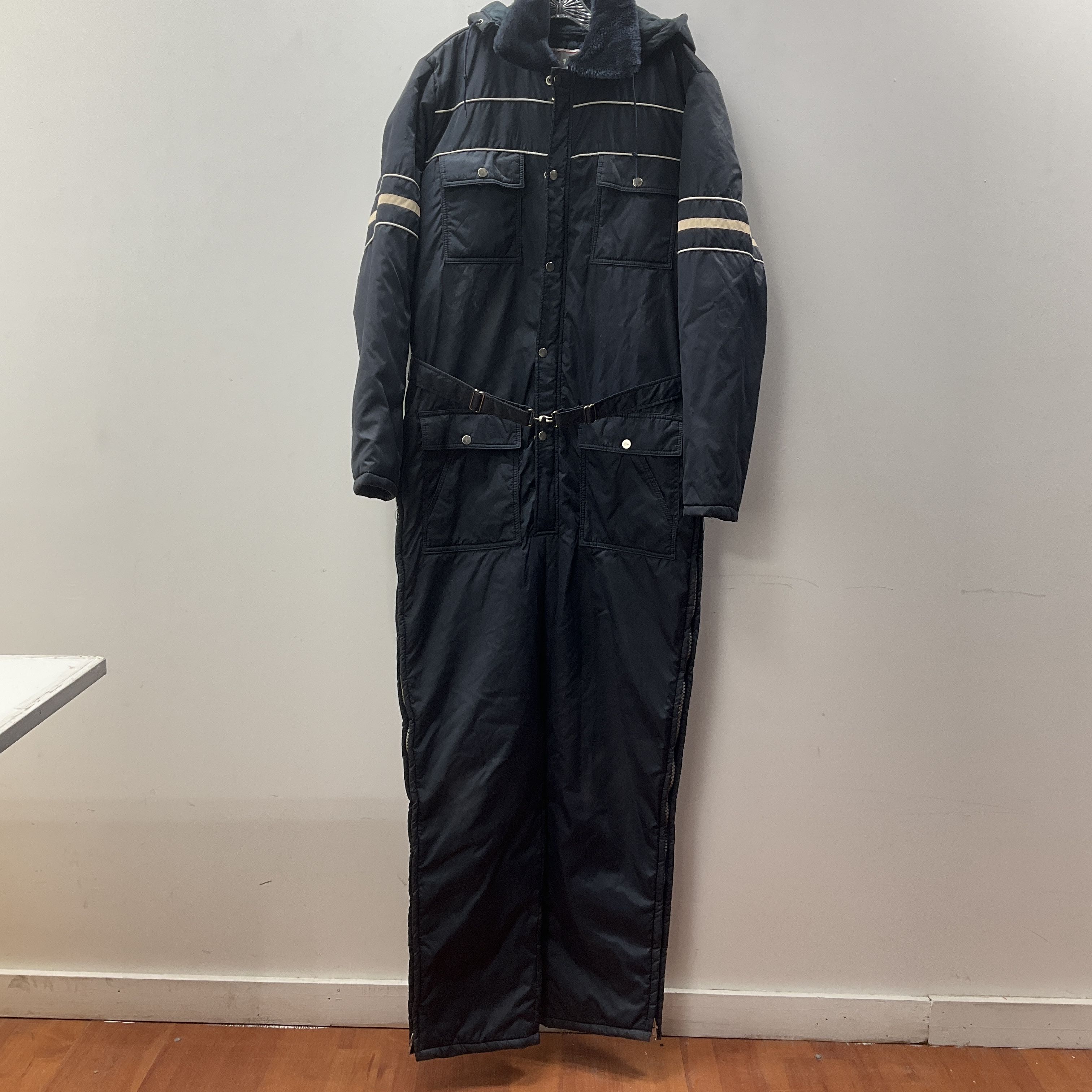 Sears Work Outerwear Men's Navy Belted Coveralls Hooded Insulated Size L Vintage