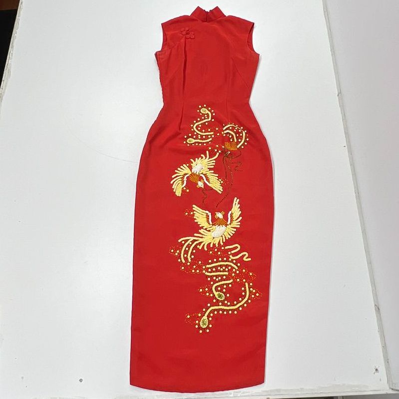 Vintage 60s Red Silk Cheongsam Qipao Dress Hand Beaded Phoenix Sz M