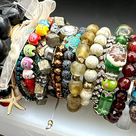 Vintage to Modern Costume Jewelry Lot 30+ Pcs Beaded Stretch Cuffs Bangles