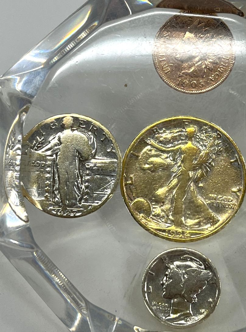 Collectible Coins in Clear Diamond Shaped Resin Paperweight Indian Head Mercury