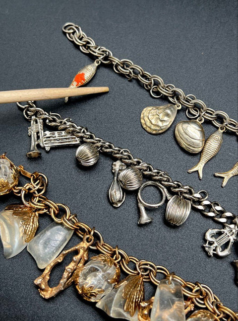 Vintage Costume Jewelry Charm Bracelet Lot of 3 Nautical Music Botanical