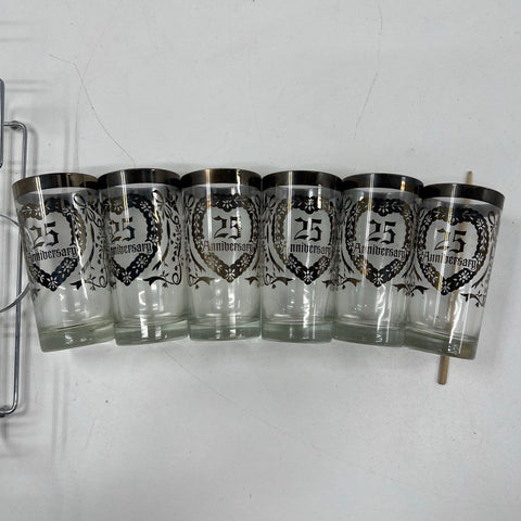 Vintage 25th Anniversary Glasses Set of 6 Silver Trim Tumblers With Wire Caddy