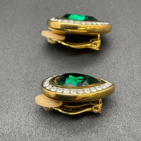 SAL Swarovski 1970s-80s Gold Tone Green Pear Cut Clip On Earrings