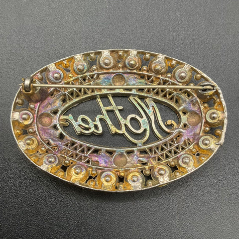 Vintage Mid-Century Gold Tone Pink Rhinestone Mother Brooch Enamel Floral 1.75"