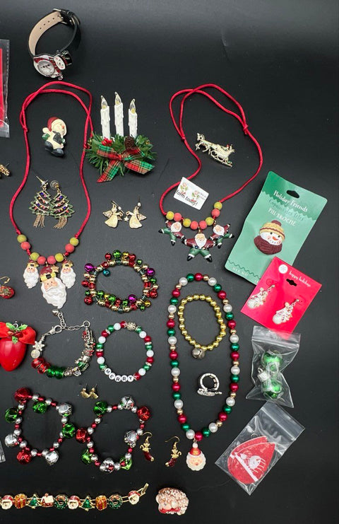 Vintage to Modern Christmas Costume Jewelry Lot 0.75 lbs Santa Snowman Bells