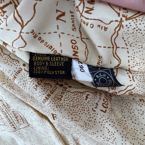 Vintage 80s Urban Cowboy Leather Bomber Flight Jacket Map Lining Distressed Sz L