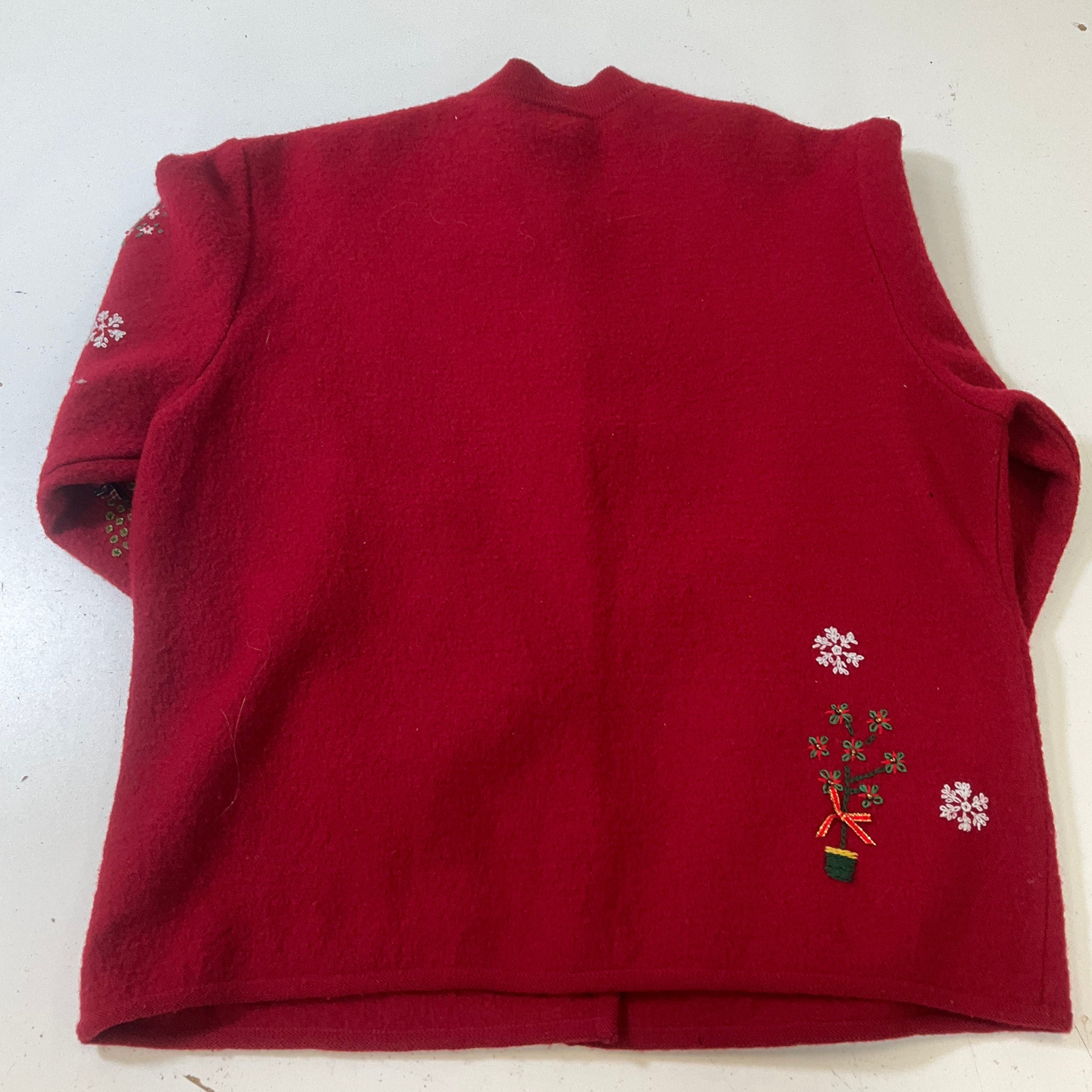 Talbots Women's Red Embroidered Topiary Cardigan 100% Wool Size Petite M Vintage
