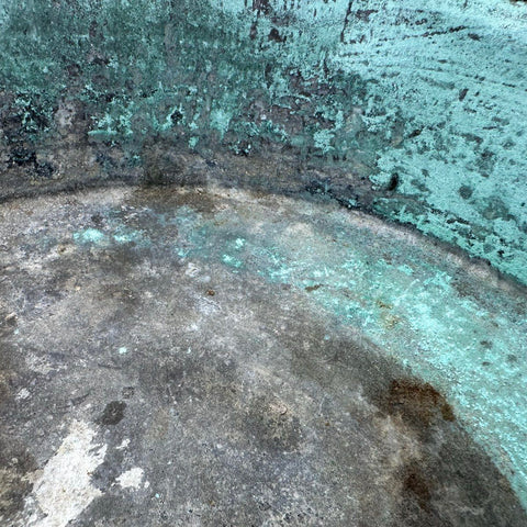 Vintage Copper Pot Primitive Rustic Verdigris Patina Iron Handles 11" Bowl
