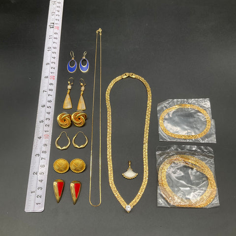 Vintage Gold Tone Costume Jewelry Lot 0.3 lb Necklaces Earrings Enamel Pieces