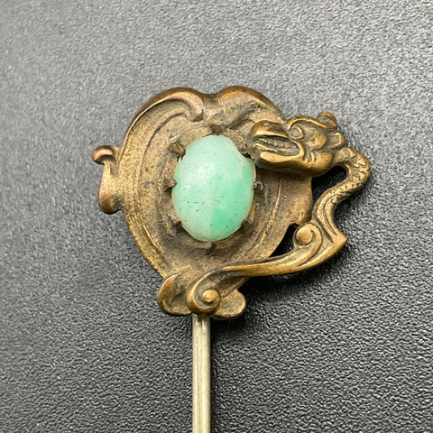 Vintage Art Nouveau Dragon Serpent Stick Pin Green Cabochon Stone Brass Tone