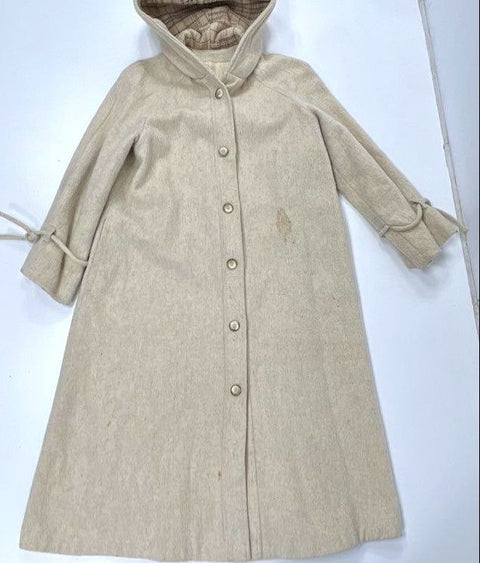 Vintage 70s Cream Hooded Wool Princess Coat Plaid Lining Tie Cuff Sz M