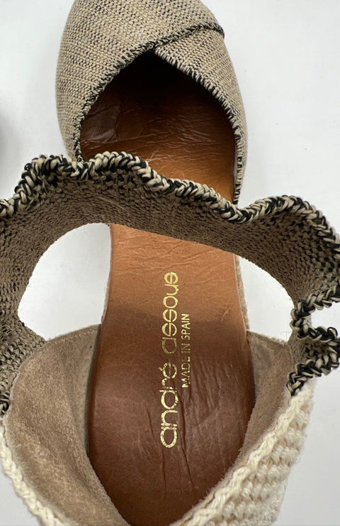 Andre Assous Woven Textile Espadrille Wedge Sandals Ankle Strap Tan Size 7