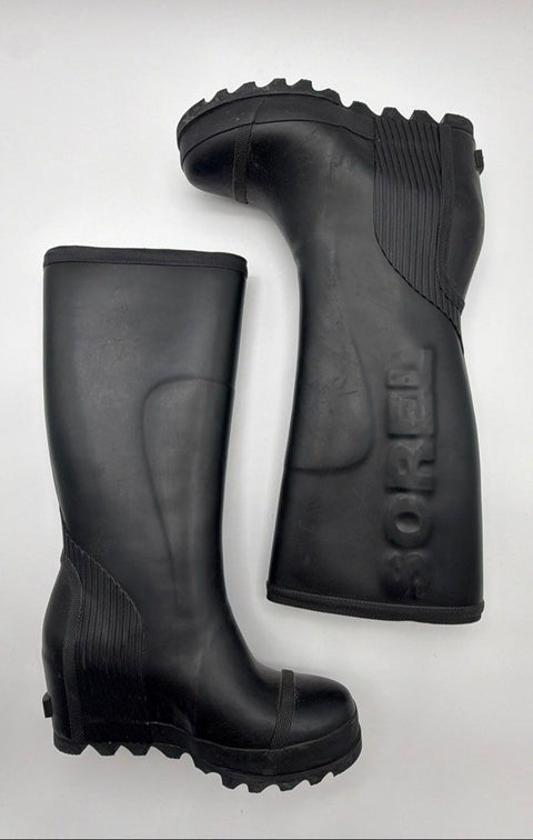 Sorel Joan of Arctic Wedge Black Rubber Rain Boots Women's Size 8.5