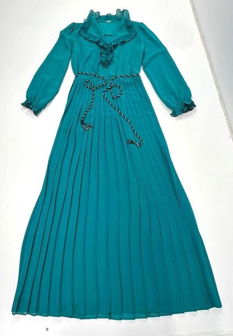 Vintage 70s Women's Teal Pleated Maxi Dress Ruffle Collar Long Sleeve Belted