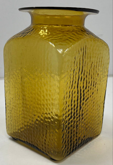 Pressed Glass Vase Amber Crinkle Textured Pattern Square 10 Inch Vintage