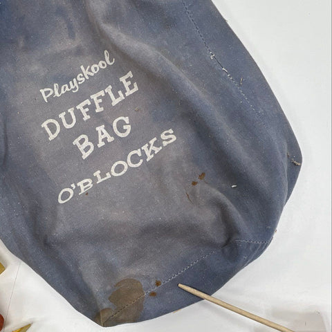 Vintage Playskool Duffle Bag O'Blocks Wooden Building Blocks Toy Lot with Bag