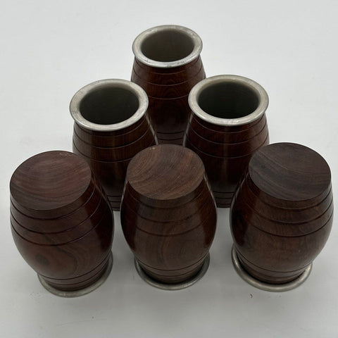 Vintage Barrel Wood Cups with Metal Liners Set of 6 Turned Wood Tumblers
