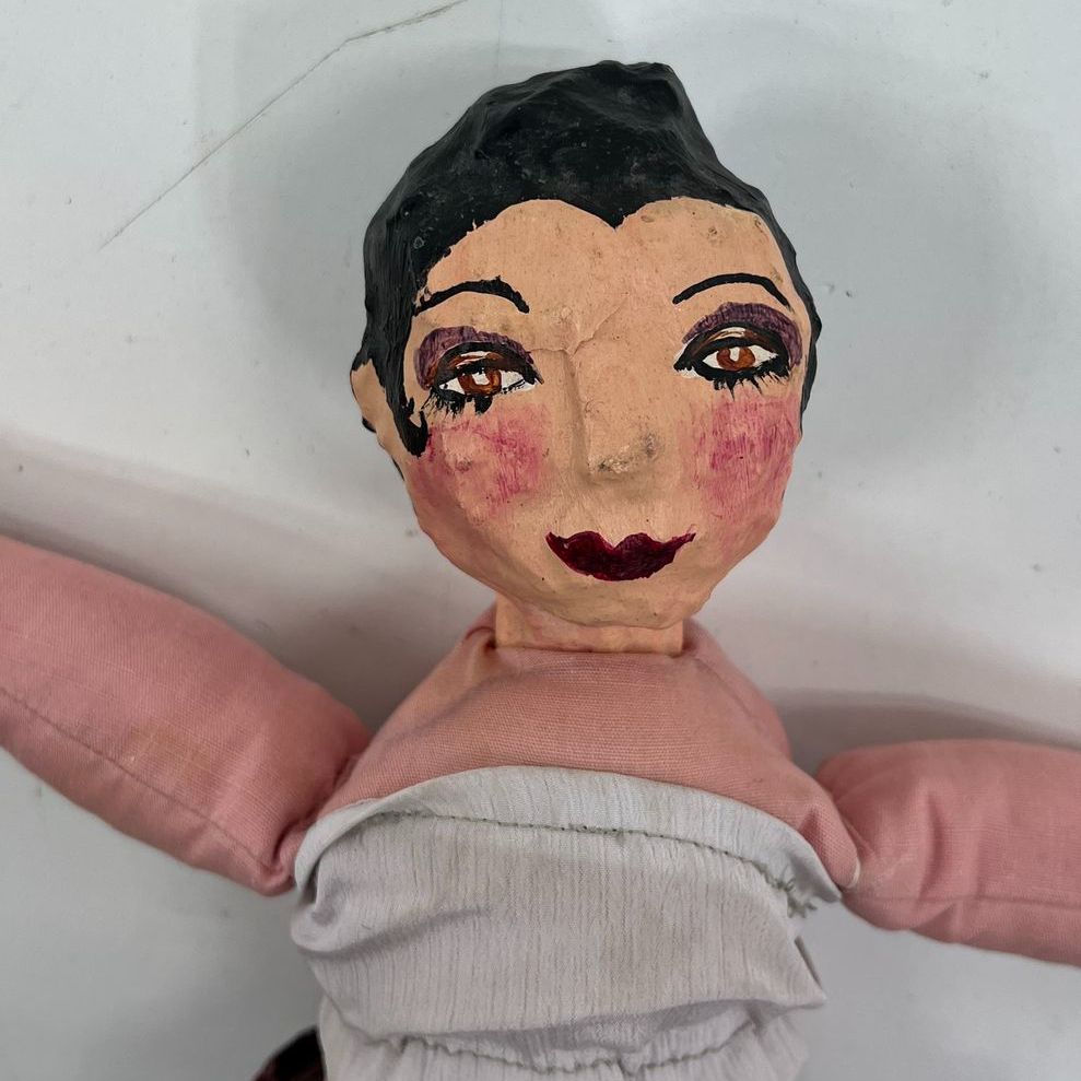 Vintage Paper Maché & Cloth Dark Haired Female Doll Hand Made & Painted STAINED