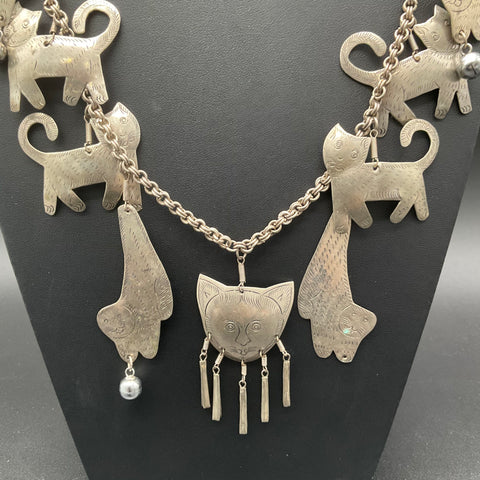 Vintage Silver Tone Whimsical Boho Cat Multi-Charm Statement Necklace 32"