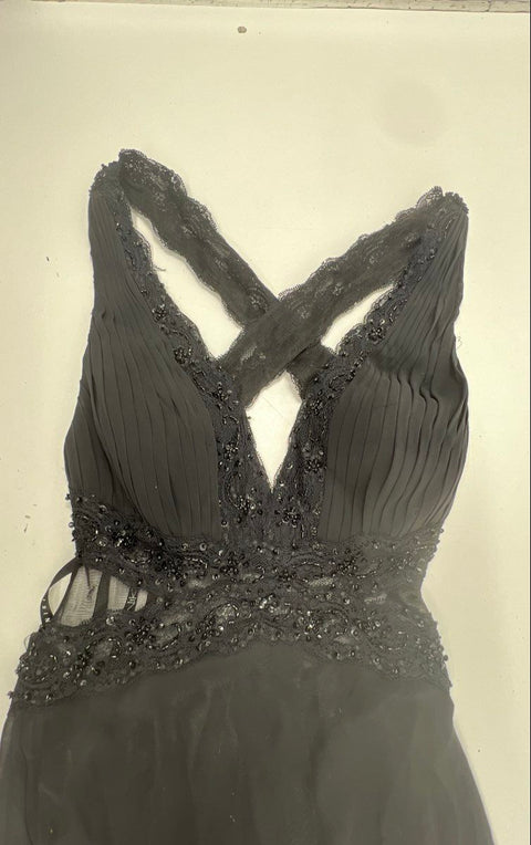 Vintage Y2K Niki Livas Women's Black Beaded Lace Cut-Out Formal Gown Dress