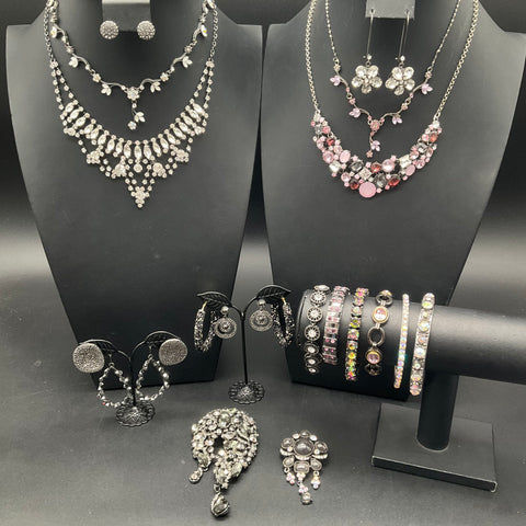 Gunmetal Tone Rhinestone Statement Jewelry Lot of 20 Necklaces Bracelets