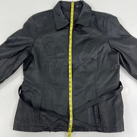 Vintage 90s Jacqueline Ferrar Belted Black Leather Jacket Sz XL