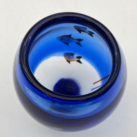 Art Glass Bowl Encased Fish Design Cobalt Blue Cased Glass 6 Inch Vintage