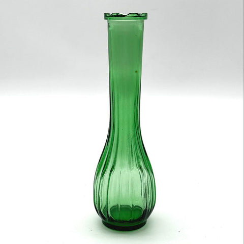 Vintage Green Glass Vase Set 3 Piece Lot Textured Ribbed Diamond Bud Vases