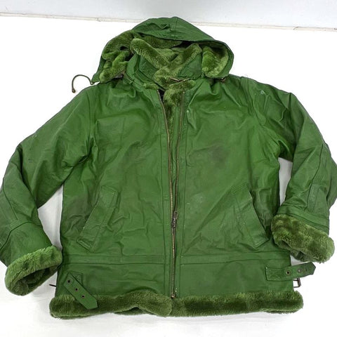 Vintage 90s Tanners Avenue Green Leather Faux Fur Lined Hooded Jacket Sz L