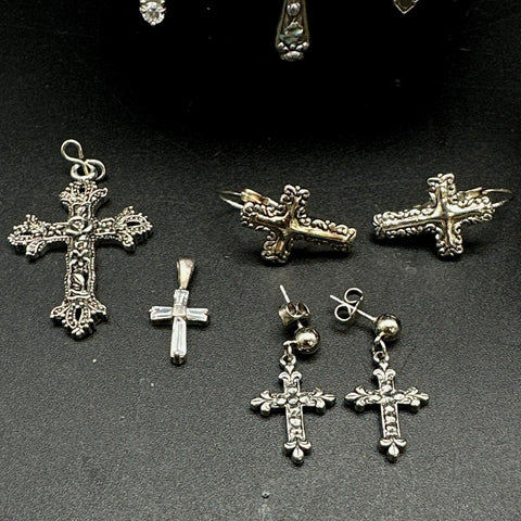 Religious Costume Jewelry Lot Silver Tone Cross Pendants Necklaces Earrings